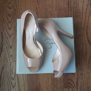 Jessica Simpson nude patent leather peep toe pumps
